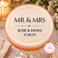 Load image into Gallery viewer, Mr & Mrs Wedding Edible Drink Toppers on a cocktail with names Jude & Fiona and date 17.10.25, perfect for weddings.