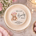 Load image into Gallery viewer, We can bearly wait Pink baby shower edible drink topper on a cocktail at Lucy's baby shower.