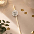 Load image into Gallery viewer, Personalised birthday year straw toppers featuring 1976 and Happy 50th Birthday Michael on a stylish table setting.