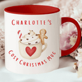 Load image into Gallery viewer, Cosy Christmas Mug with a gingerbread design, red handle, and festive decorations, perfect for holiday beverages.