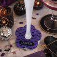 Load image into Gallery viewer, Crazy Bat Personalised Halloween drink marker with the name Jasper on a festive table setting.