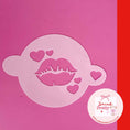 Load image into Gallery viewer, Reusable cocktail coffee stencils featuring kiss lips and hearts design on pink background.