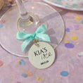 Load image into Gallery viewer, Personalised Birthday Party Wine Charms featuring a charm with KIA'S 18th birthday on a wine glass.
