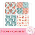 Load image into Gallery viewer, Salty Days - coastal drink coasters set of 4 featuring lobster, fish, shells, and crab designs.