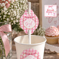 Load image into Gallery viewer, It's A Girl Straw Toppers on a pink gingham design straw in a cup for a baby shower celebration.