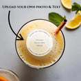Load image into Gallery viewer, Personalised wedding photo cocktail toppers showcased on a cocktail with custom message and photo upload instructions.