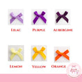 Load image into Gallery viewer, Personalised wine charms for weddings with ribbon bow colors: lilac, purple, aubergine, lemon, yellow, and orange.