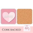 Load image into Gallery viewer, Pink heart coaster featuring a check pattern and embossed AMORE text, perfect for Valentine's Day.