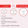 Load image into Gallery viewer, Unicorn and Cupcake Edible Wafer Cake Toppers package sizes chart for festive cakes.