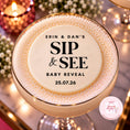 Load image into Gallery viewer, A close-up of a customised cocktail in a coupe glass, topped with thick foam and printed with the text 'ERIN & DAN'S SIP & SEE BABY REVEAL 25.07.