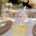 Load image into Gallery viewer, Mum to bee personalised paper straw toppers on a drink at a baby shower, featuring a lemon slice.