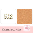 Load image into Gallery viewer, Luxury drink coasters set featuring MR design with cork backing for elegance and style.