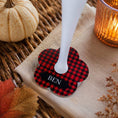 Load image into Gallery viewer, Autumn Check Personalised Halloween drink marker featuring a red and black checked design with the name Ben.