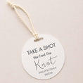 Load image into Gallery viewer, Take A Shot wedding favour bottle tags with We Tied The Knot design and personalized names.