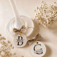 Load image into Gallery viewer, Bride & groom wine glass charms featuring elegant tag designs and bows, perfect for wedding celebrations.