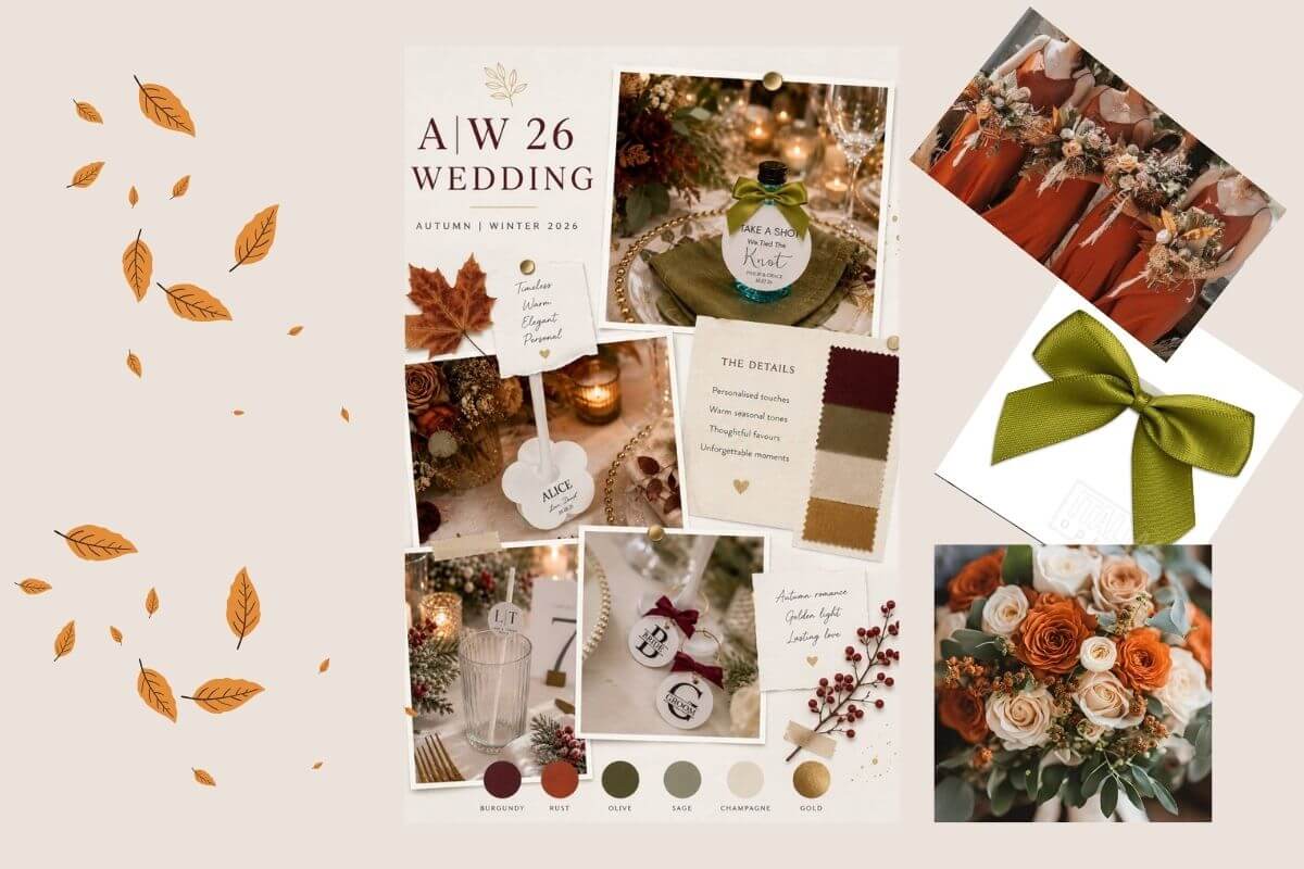 Autumn 2026 Wedding Colour Trends mood board with floral arrangements, color palette, and decorative elements.