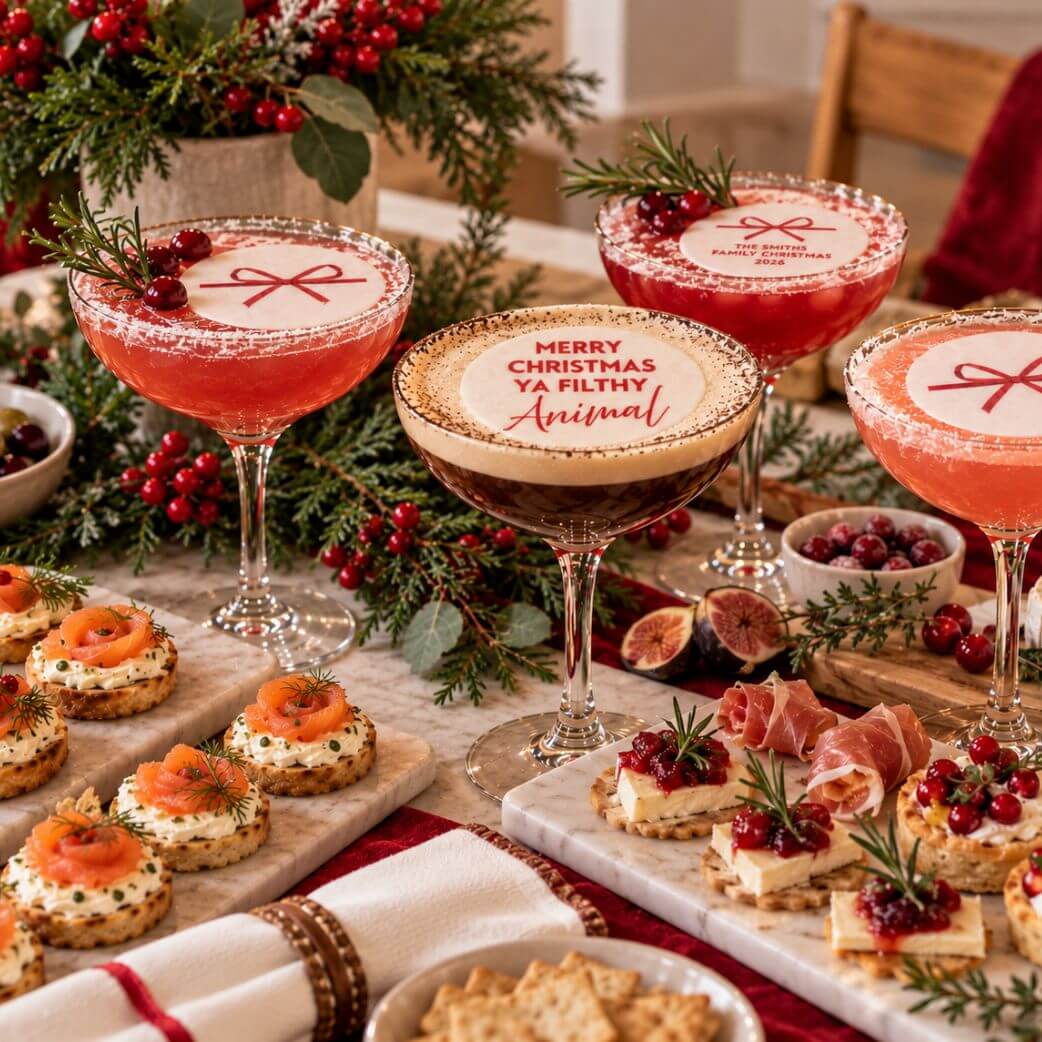 A festive table set for a Christmas drinks party planner with cocktails and appetizers beautifully arranged.