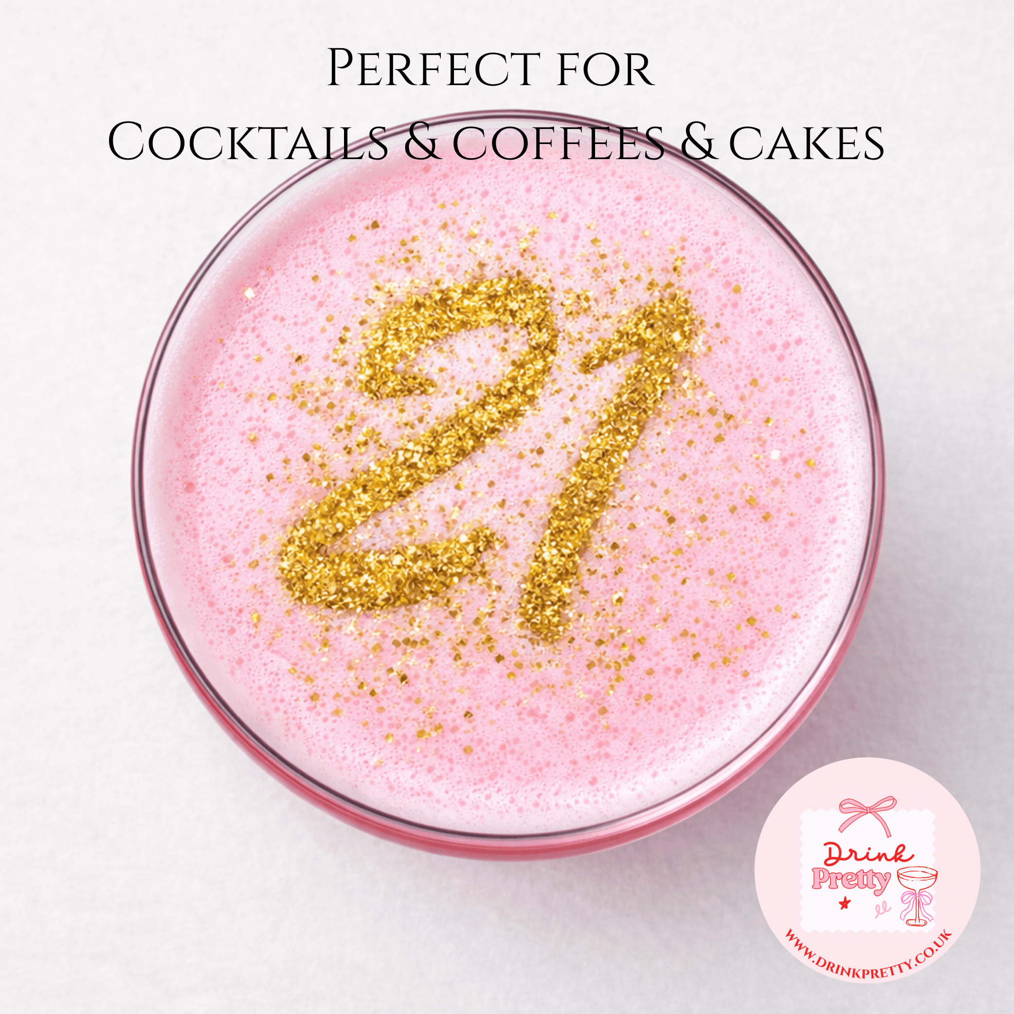 Professional cocktail presentation with stencils featuring a pink drink topped with glitter number 21.