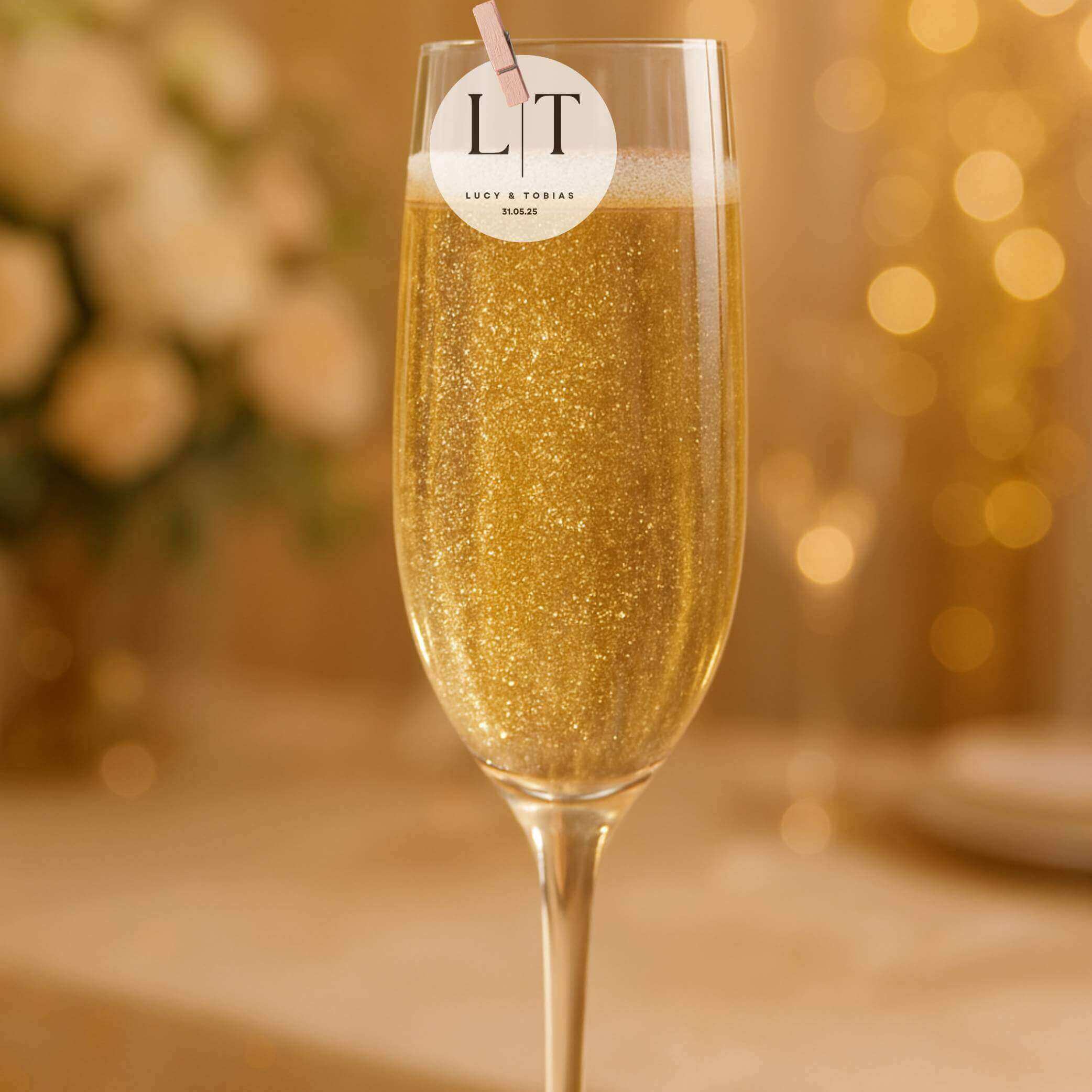 A sparkling champagne glass filled with edible glitter for drinks, creating a glamorous effect.