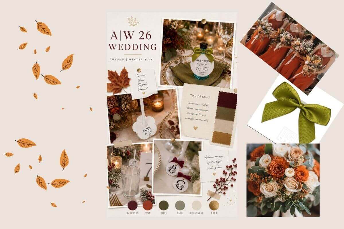 Autumn 2026 Wedding Colour Trends mood board with floral arrangements, color palette, and decorative elements.
