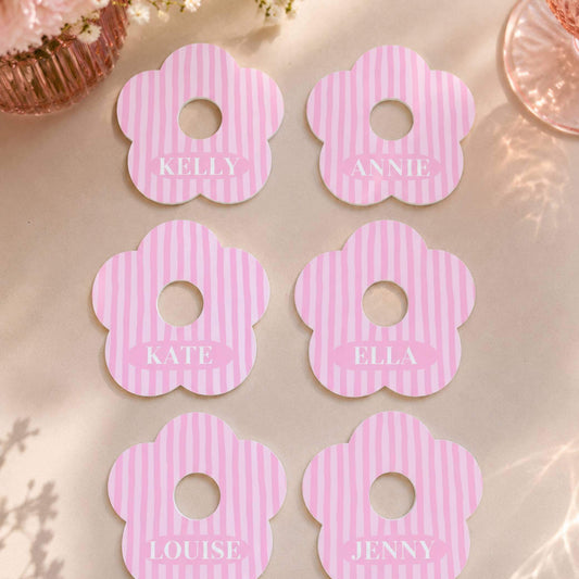 Pink & White Stripe Personalised Name Drink Marker set featuring six flower-shaped markers with names.