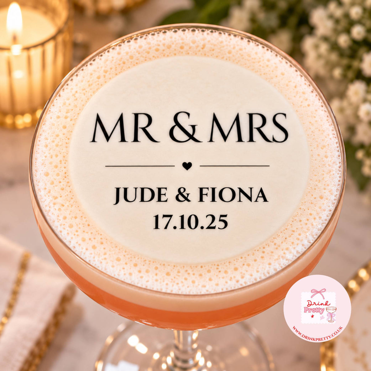 Mr & Mrs Wedding Edible Drink Toppers on a cocktail with names Jude & Fiona and date 17.10.25, perfect for weddings.