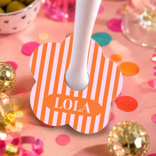 Orange & Pink Striped Personalised Name Drink Identifiers -Pack of 6