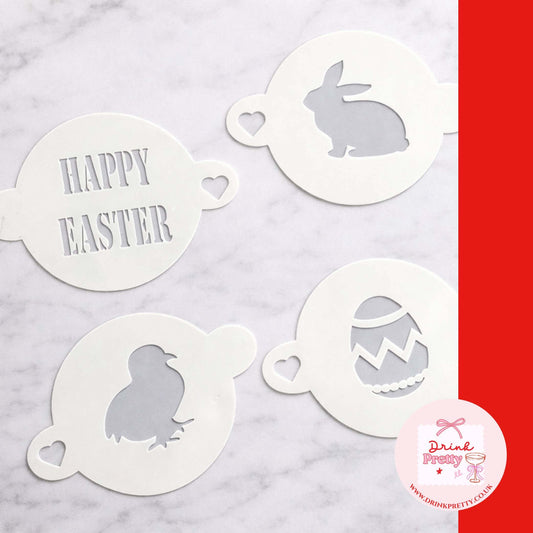 Reusable cocktail coffee stencils featuring Easter designs: bunny, chick, egg, and 'Happy Easter' message.