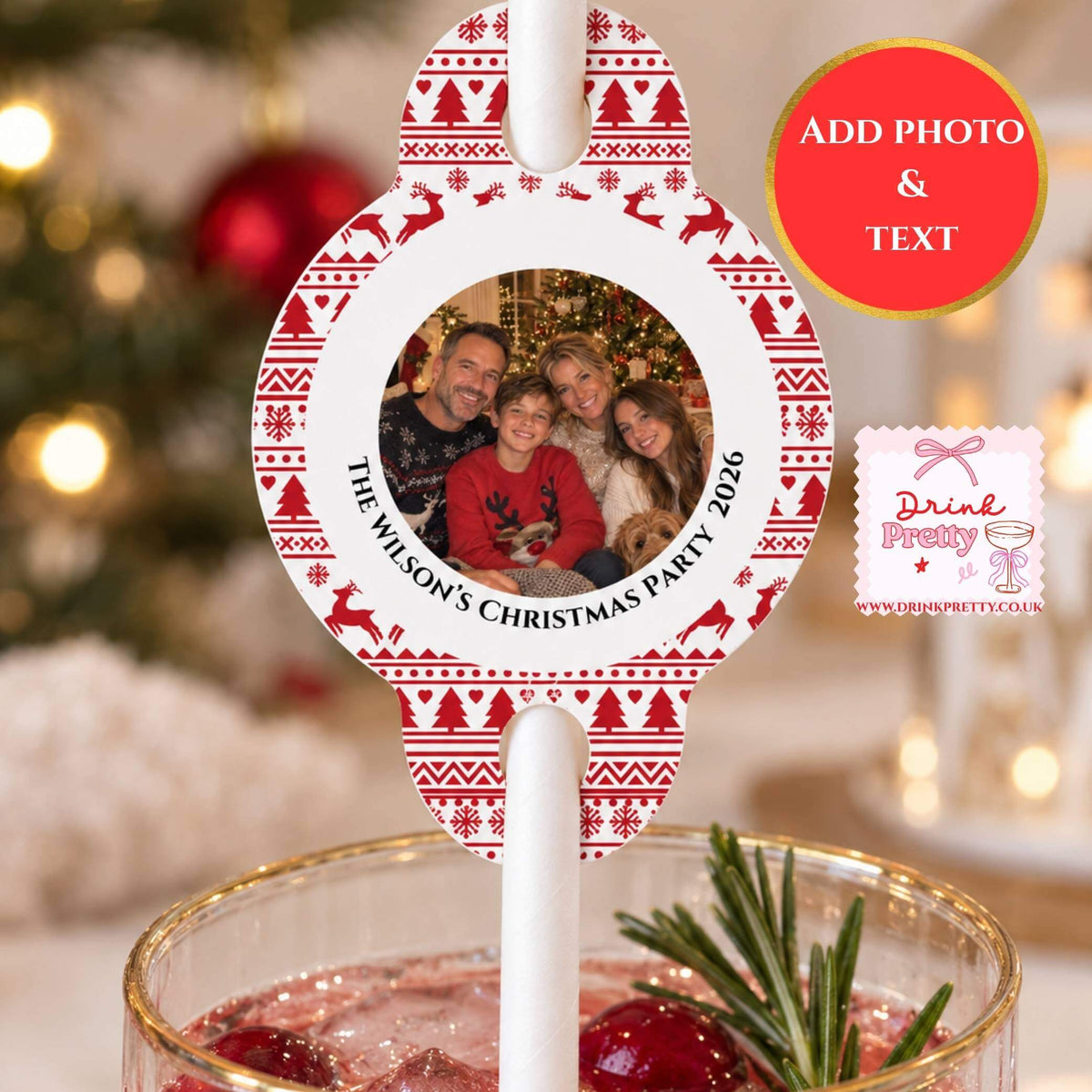 Upload your own Christmas Photo Party Straws pack with personalized photo and text for festive celebrations.