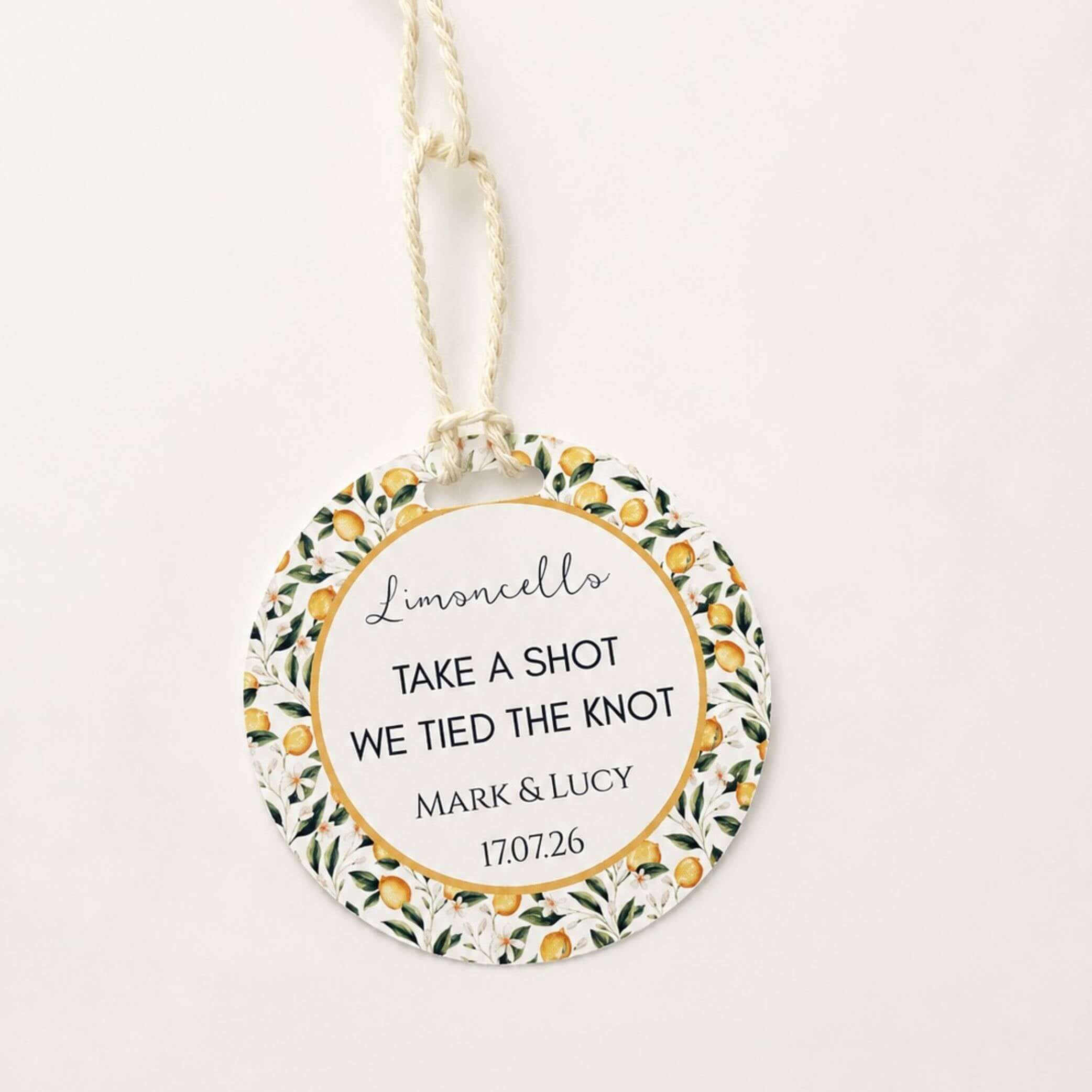 Limoncello Bottle Guest Favour Tags - Stylish wedding favour tag with floral design for limoncello bottles.