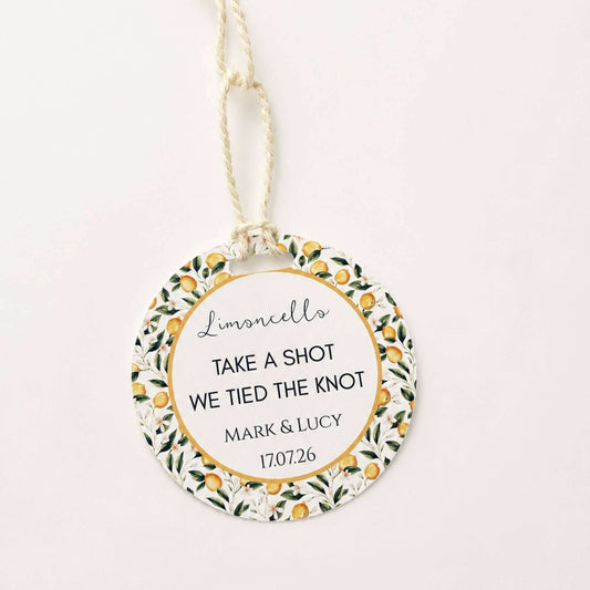 Limoncello Bottle Guest Favour Tags - Stylish wedding favour tag with floral design for limoncello bottles.