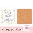Load image into Gallery viewer, Personalised save the date coasters featuring daisy flowers and a cork back, perfect for wedding announcements.
