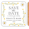 Load image into Gallery viewer, Personalised Save The Date coasters with floral design celebrating the wedding of Grace and Mark, featuring a cork back.
