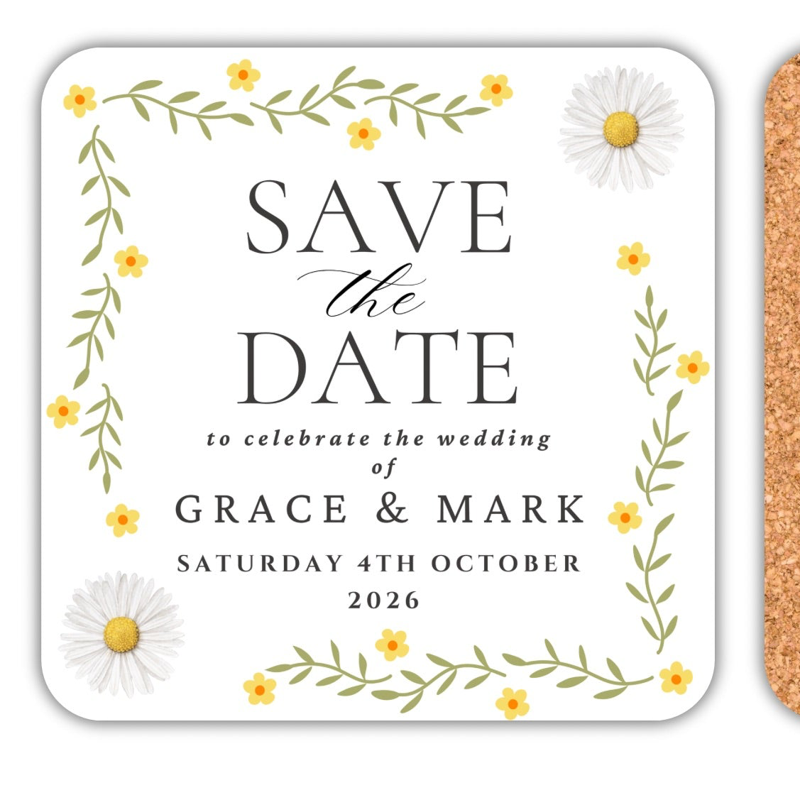 Personalised Save The Date coasters with floral design celebrating the wedding of Grace and Mark, featuring a cork back.