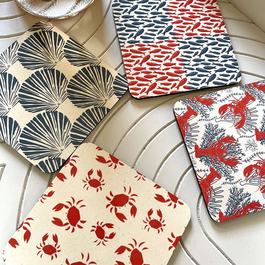 Salty Days-Coastal Drink Coasters -Set of 4 featuring vibrant shell, lobster, crab, and fish designs.