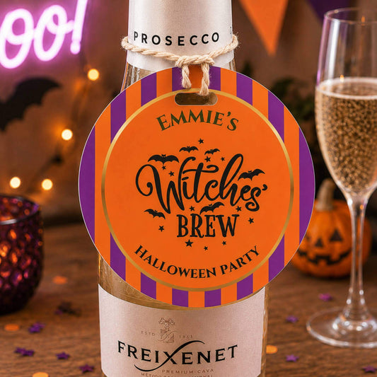 Witches Brew bottle tag for Halloween party, stylish mini gift label for festive gatherings.