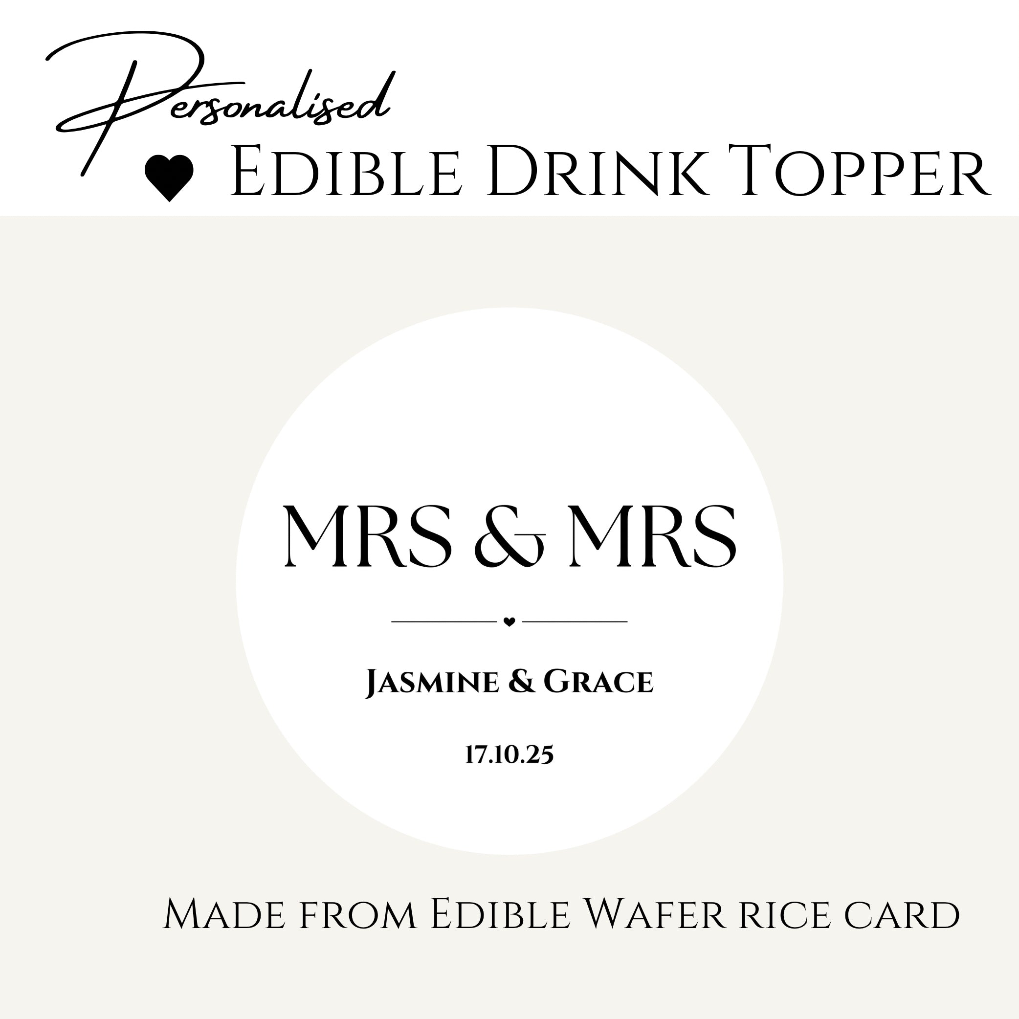 Mrs & Mrs’ Wedding ’ Edible Cocktail / Drink Toppers