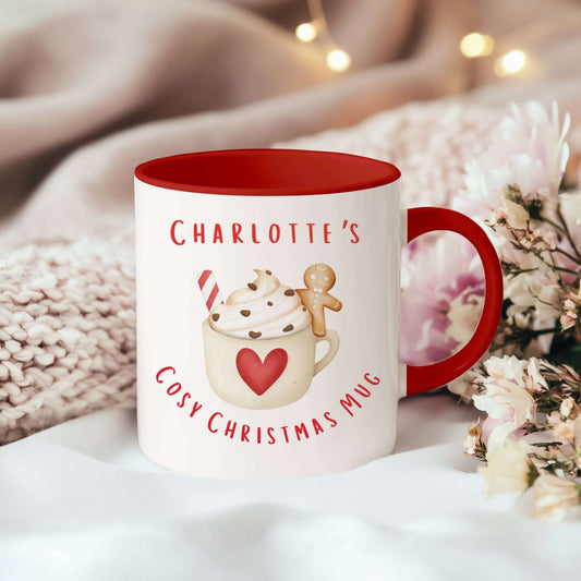 Cosy Christmas Mug featuring gingerbread design and red handle, perfect for festive warm drinks and unique gifts.
