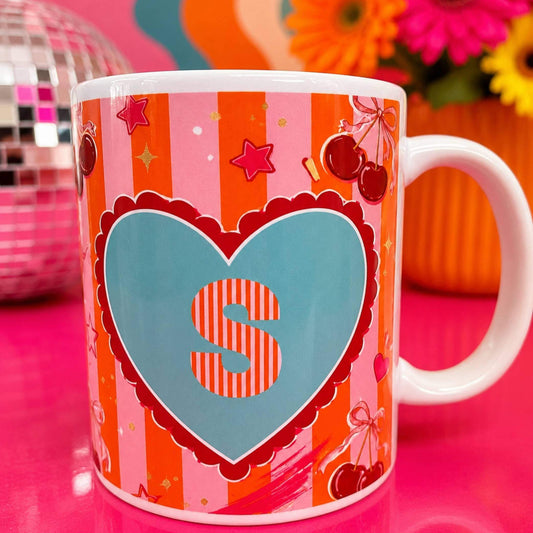 Personalised Initial Heart & Cherry Mug featuring a heart design and the letter S, ideal for gifts and special occasions.