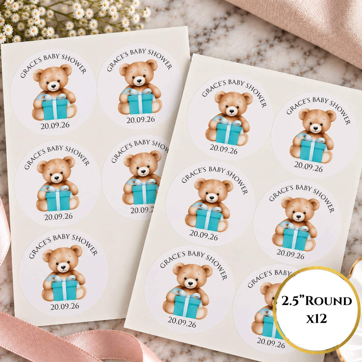 Tiffany Blue Teddy Bear Baby Shower Cup & Favour Stickers