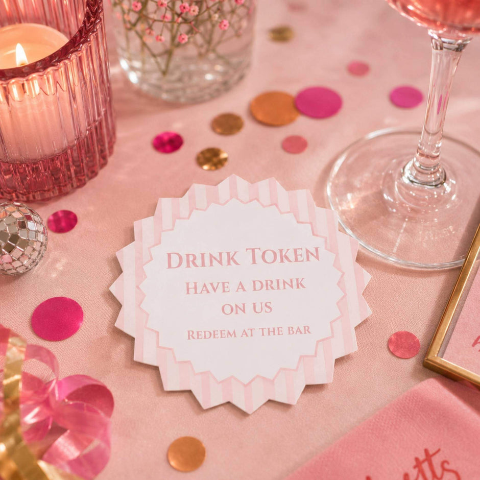 Pink stripe drink tokens on a table with decorations, offering guests a complimentary drink at the bar.