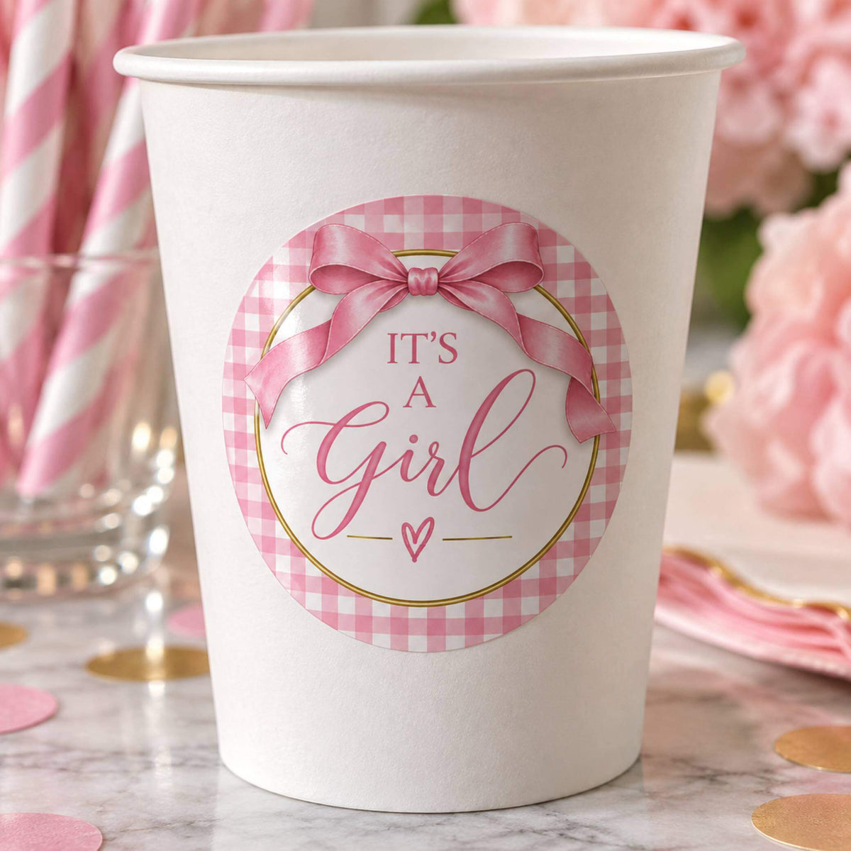It’s A Girl Pink Baby Shower Cup & Favour Stickers