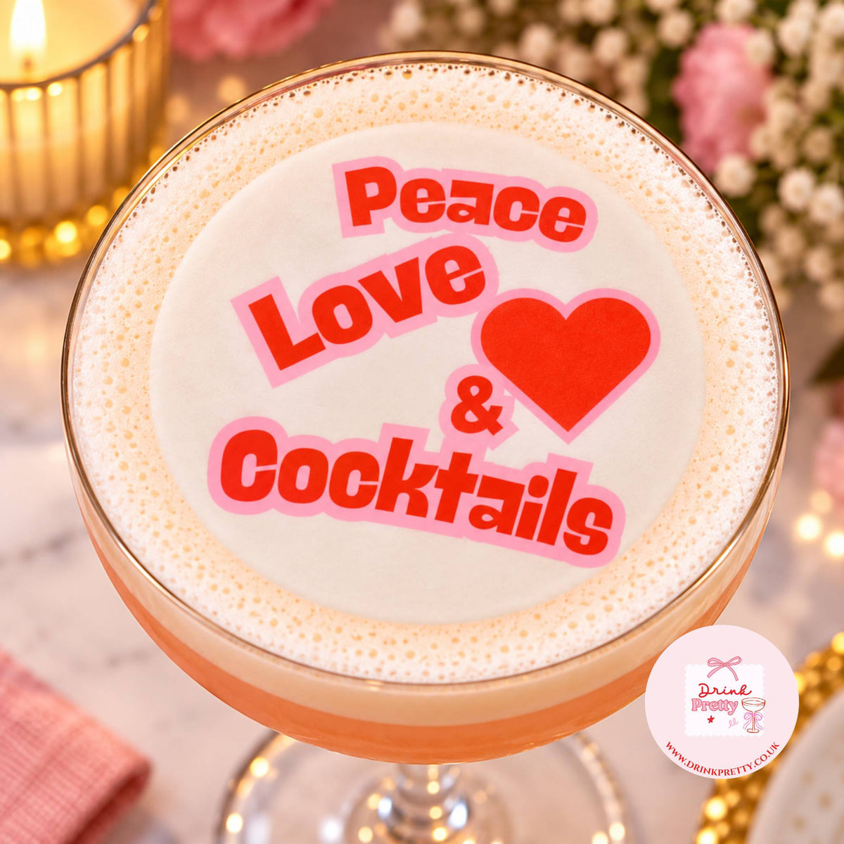 Peace Love & Cocktails edible drink topper on a stylish cocktail glass, perfect for celebrations.
