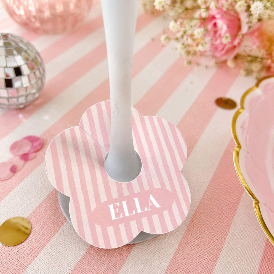Pink & white stripe personalised name drink identifiers with the name 'ELLA' on a floral marker.