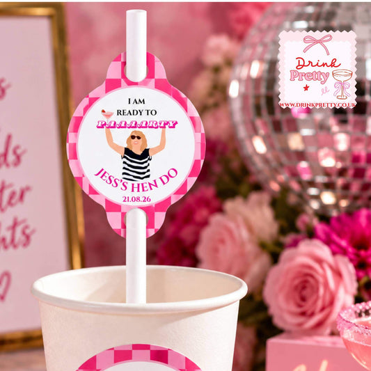 Ready To Party Bridesmaid Paper Straw Toppers in use at a hen party celebration featuring pink decor.