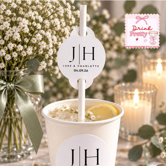 Monogram Initial Paper Straw Toppers featuring initials JH for Luke & Charlotte, ideal for wedding celebrations.