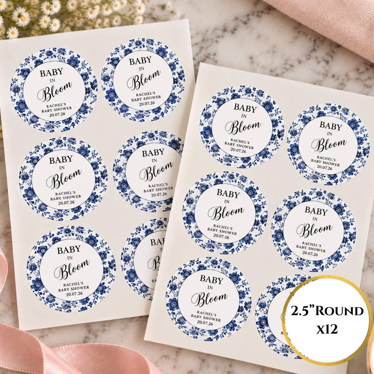 Baby In Bloom Blue Baby Shower Cup & Favour Stickers