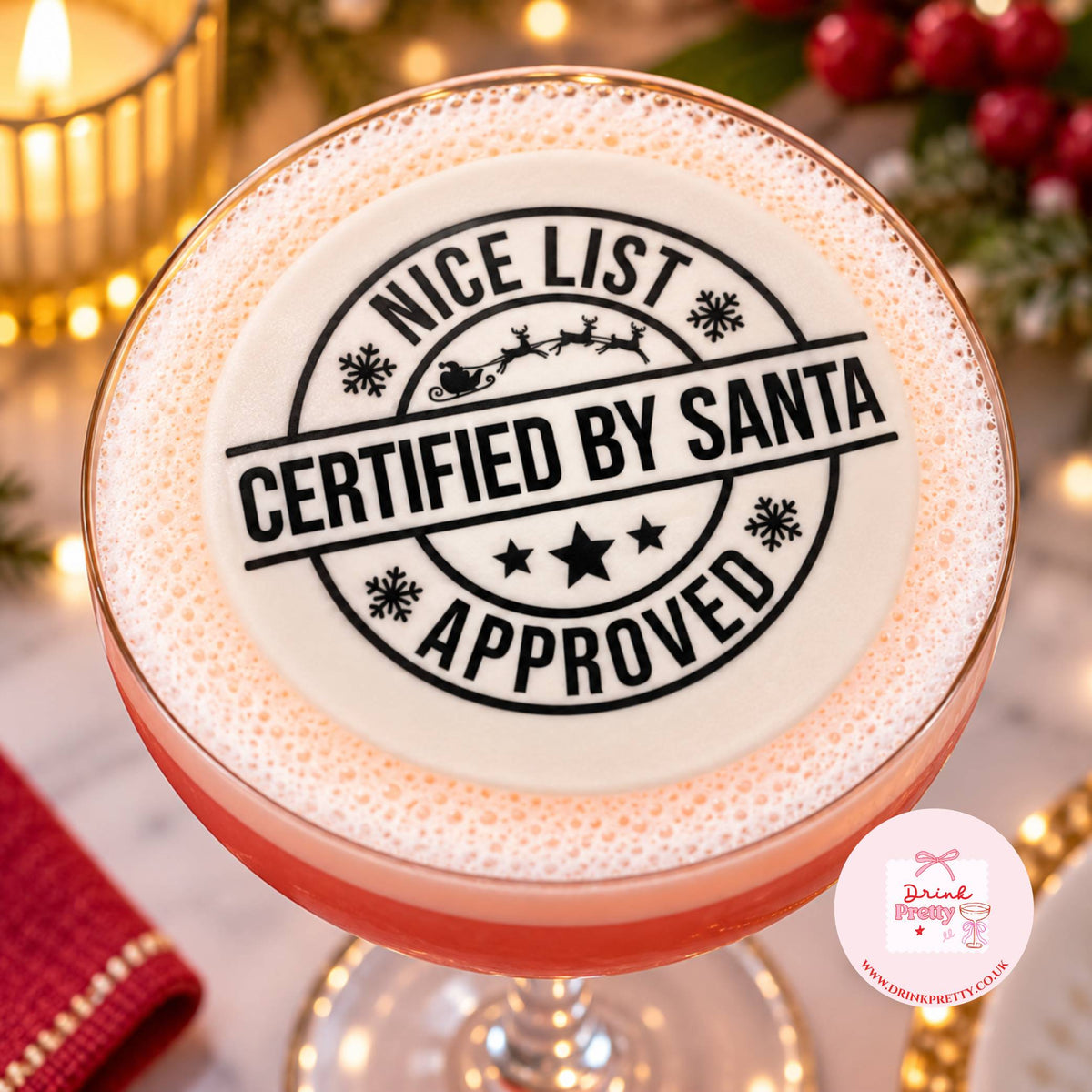 Santa's Nice List Christmas edible cocktail toppers on a festive drink with a playful design for holiday celebrations.