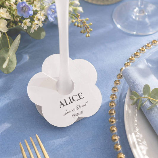 Personalised white name card Occasion drink marker for weddings and events with name Alice.