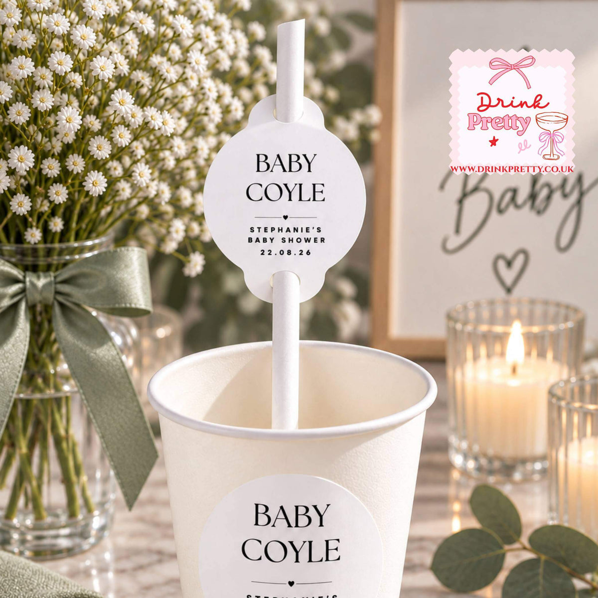 Baby Name Straw Toppers Pack of 24 featuring custom straw topper for Baby Coyle at a baby shower.